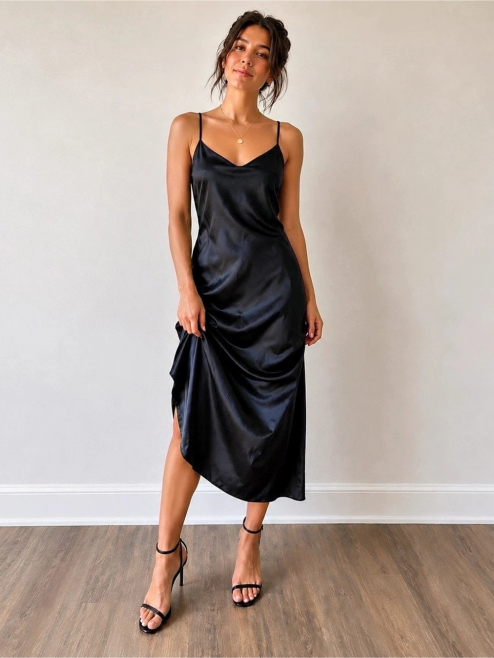Black Satin-Look Midi Dress Size Medium Like New